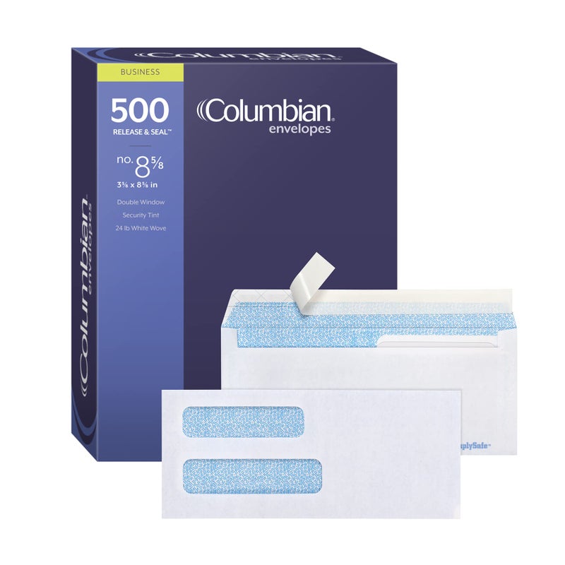 Columbian #8 5/8 Security Envelopes  500/Box  Double Window  3-5/8"" x 8-5/8""  Release & Seal Self Seal  SimplySafe Tamper Evident  White (COLO156) - Image 1